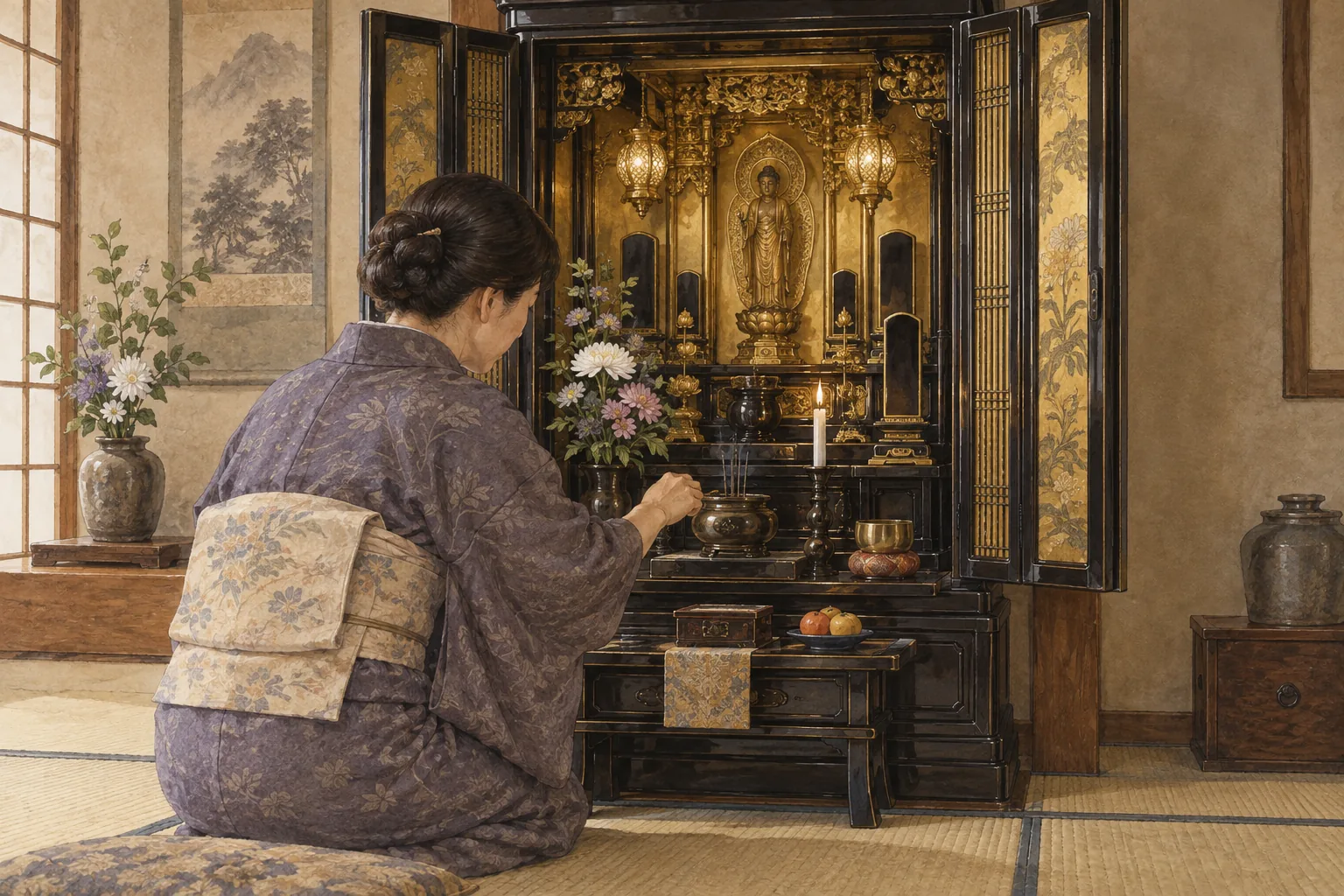 家庭の和室に置かれた開いた仏壇