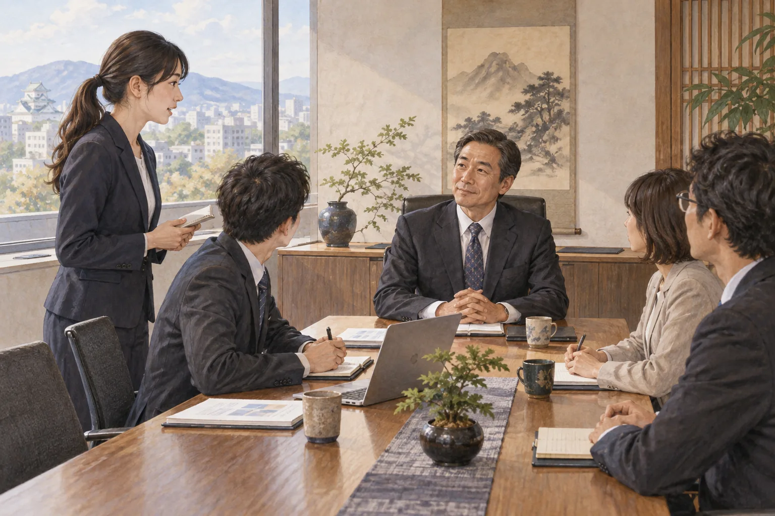 会議で役職名を使って部長に話しかける社員