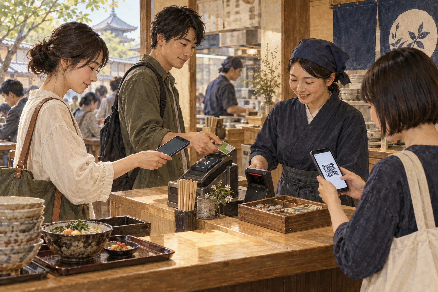 昼食店でスマートフォンやカードによる決済を使う客