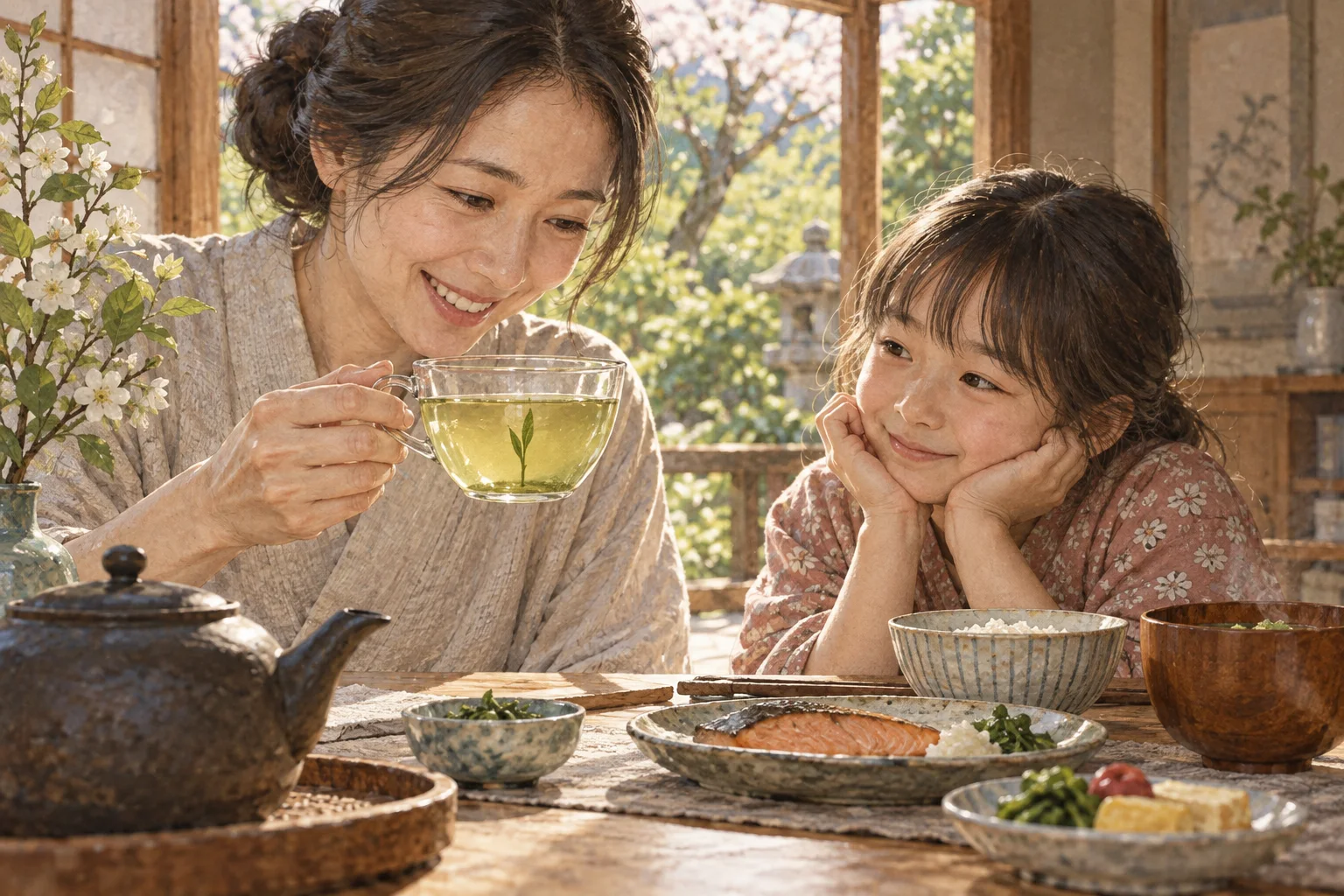 茶柱が立った湯のみを見て喜ぶ家族