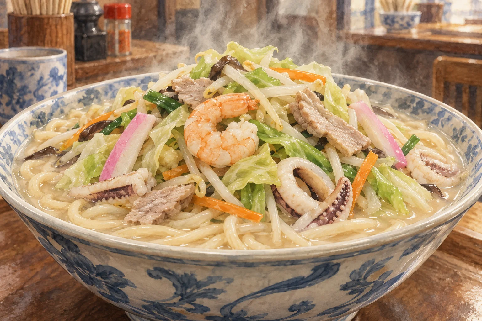 Nagasaki champon with abundant vegetables, pork and seafood.