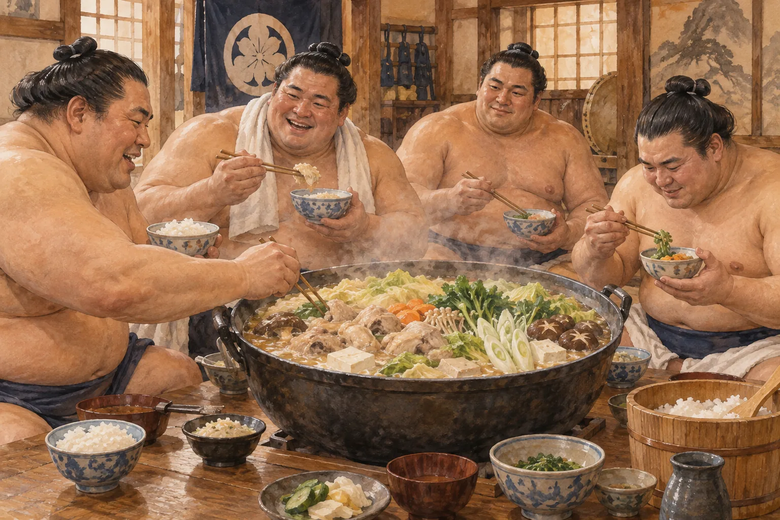 稽古後に大鍋のちゃんこ鍋を囲む力士たち