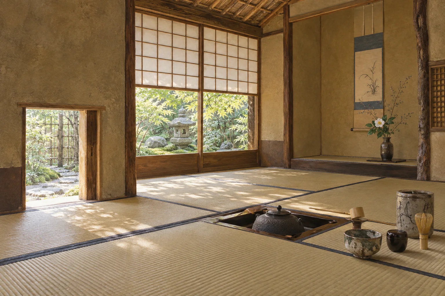畳と障子、土壁、床の間を備えた静かな茶室