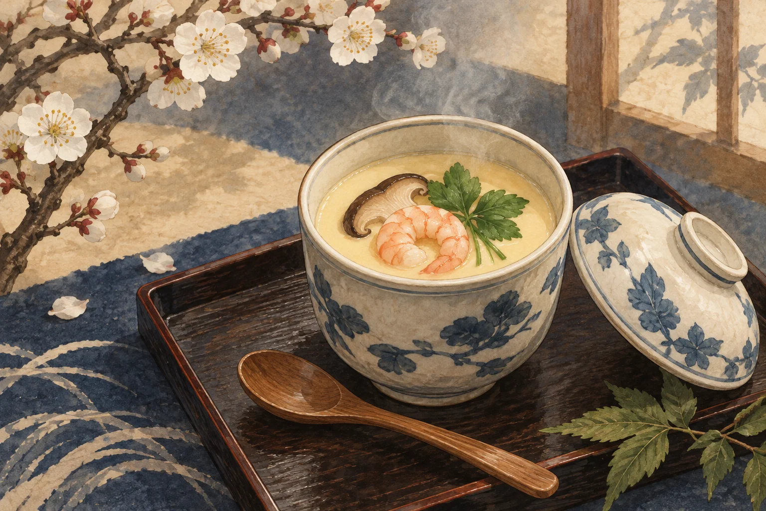 蓋を添えた茶碗蒸しに、海老、椎茸、三つ葉をあしらった一品