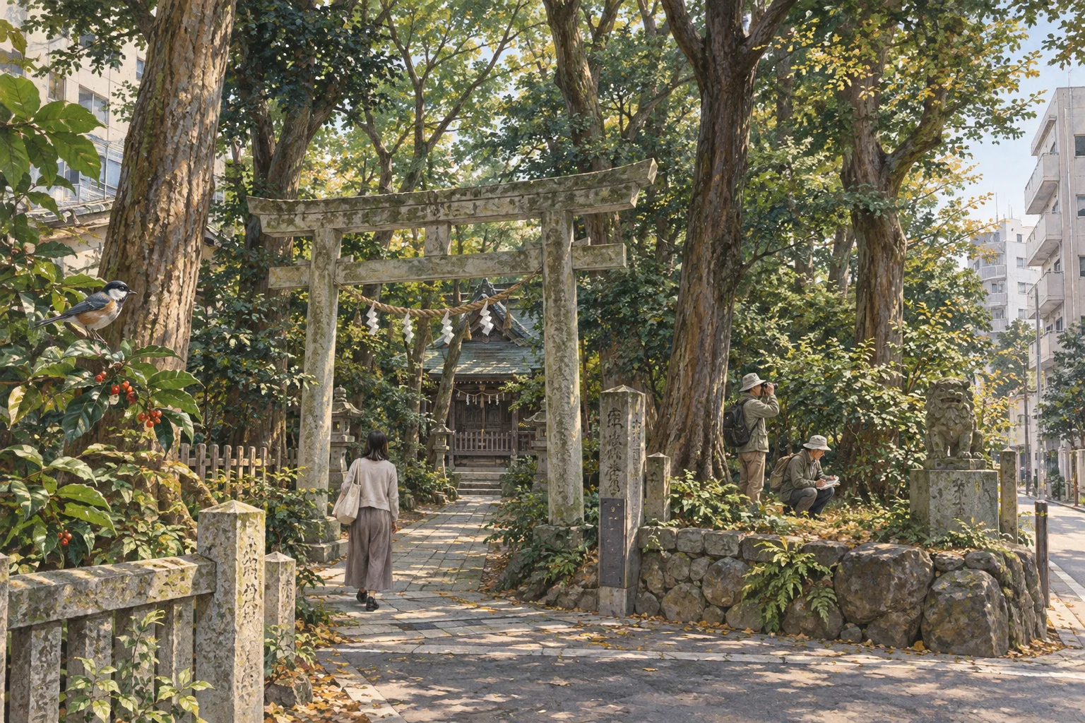 市街地に残る鎮守の森を調べる地域の人々