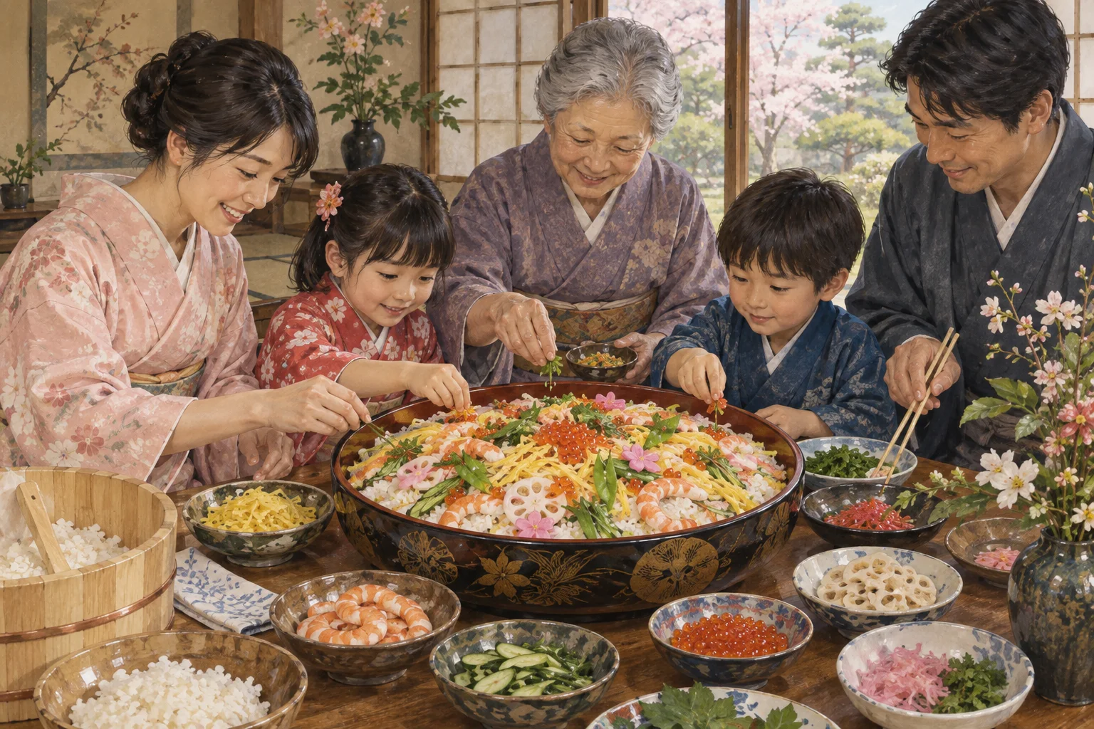 祝いの日に家族で彩り豊かなちらし寿司を盛り付ける様子