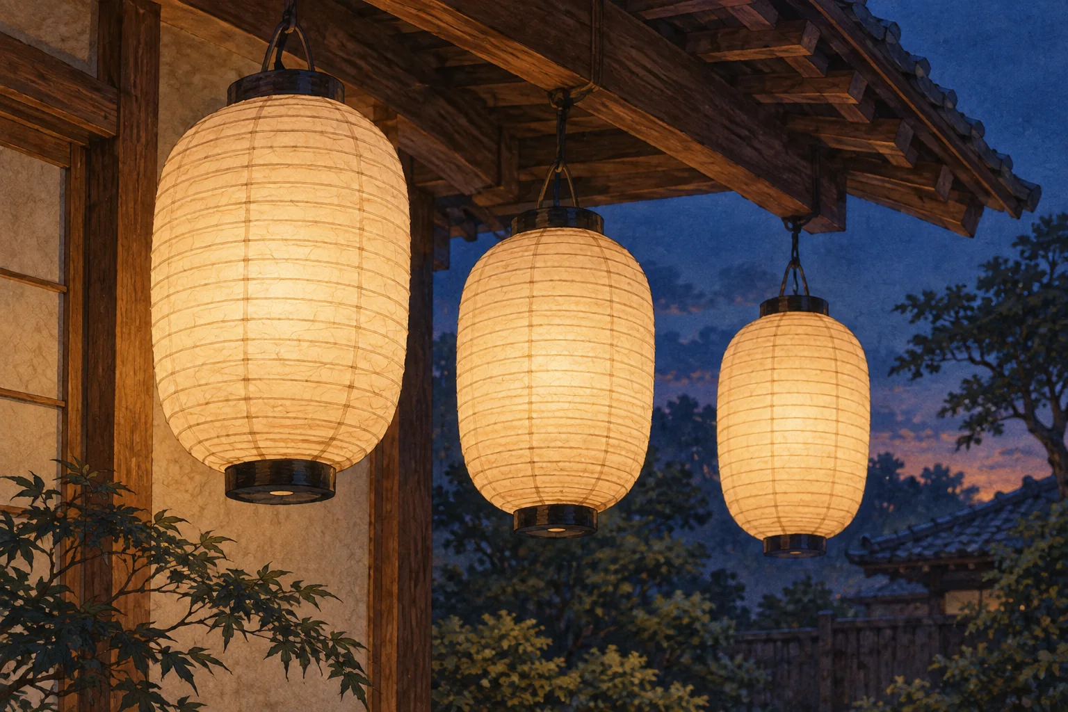 夕暮れの軒先につるされた、竹ひごと和紙で作られた丸い提灯