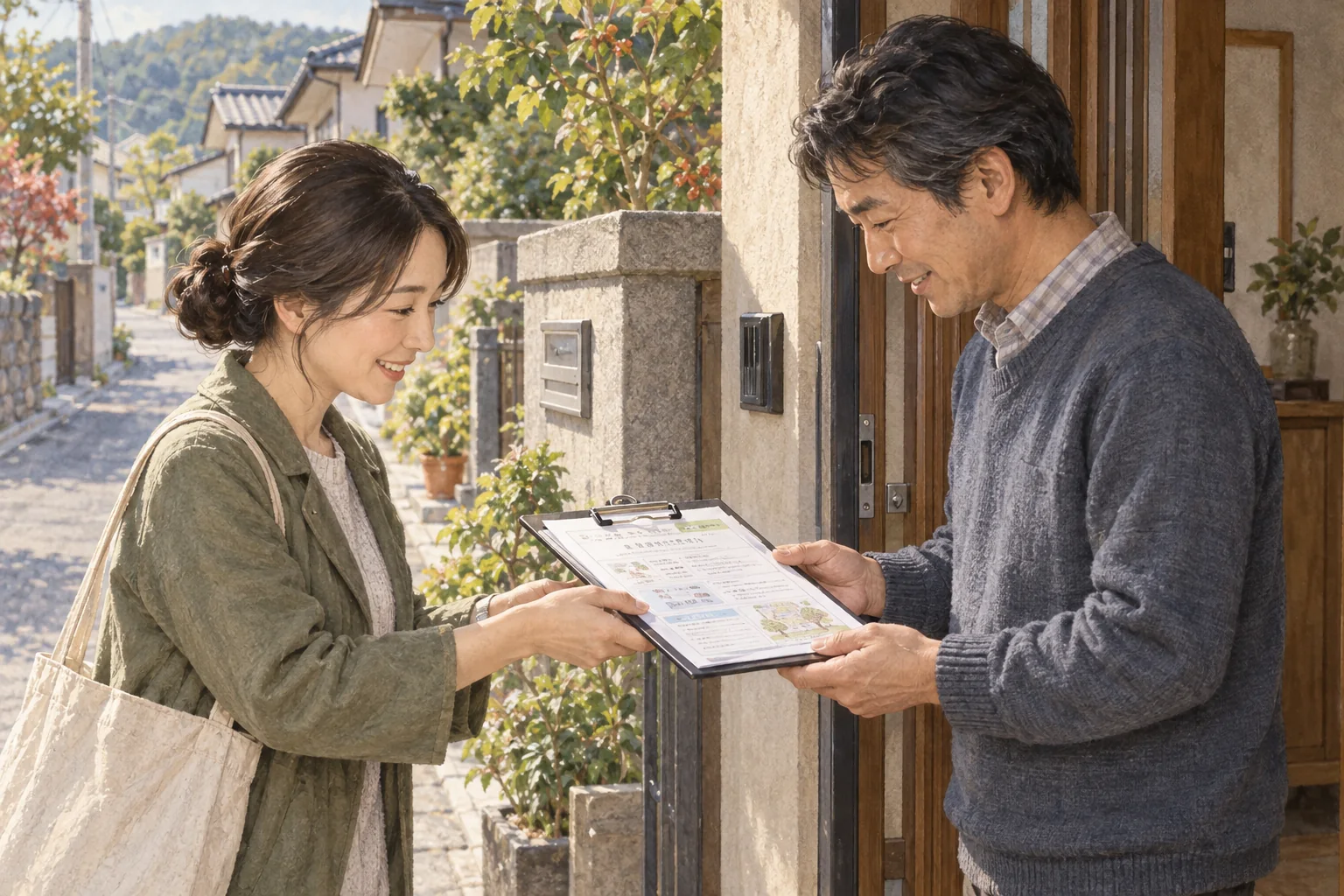 回覧板を隣人に手渡す住民