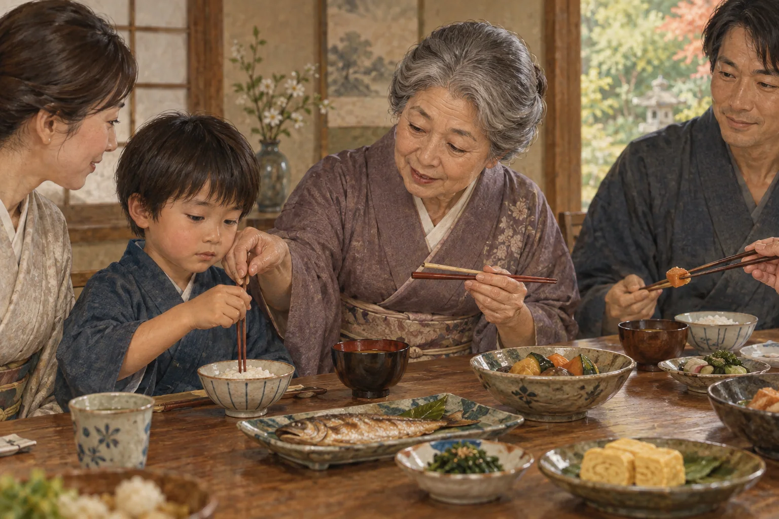 食卓で避けるべき箸の使い方を教わる子ども