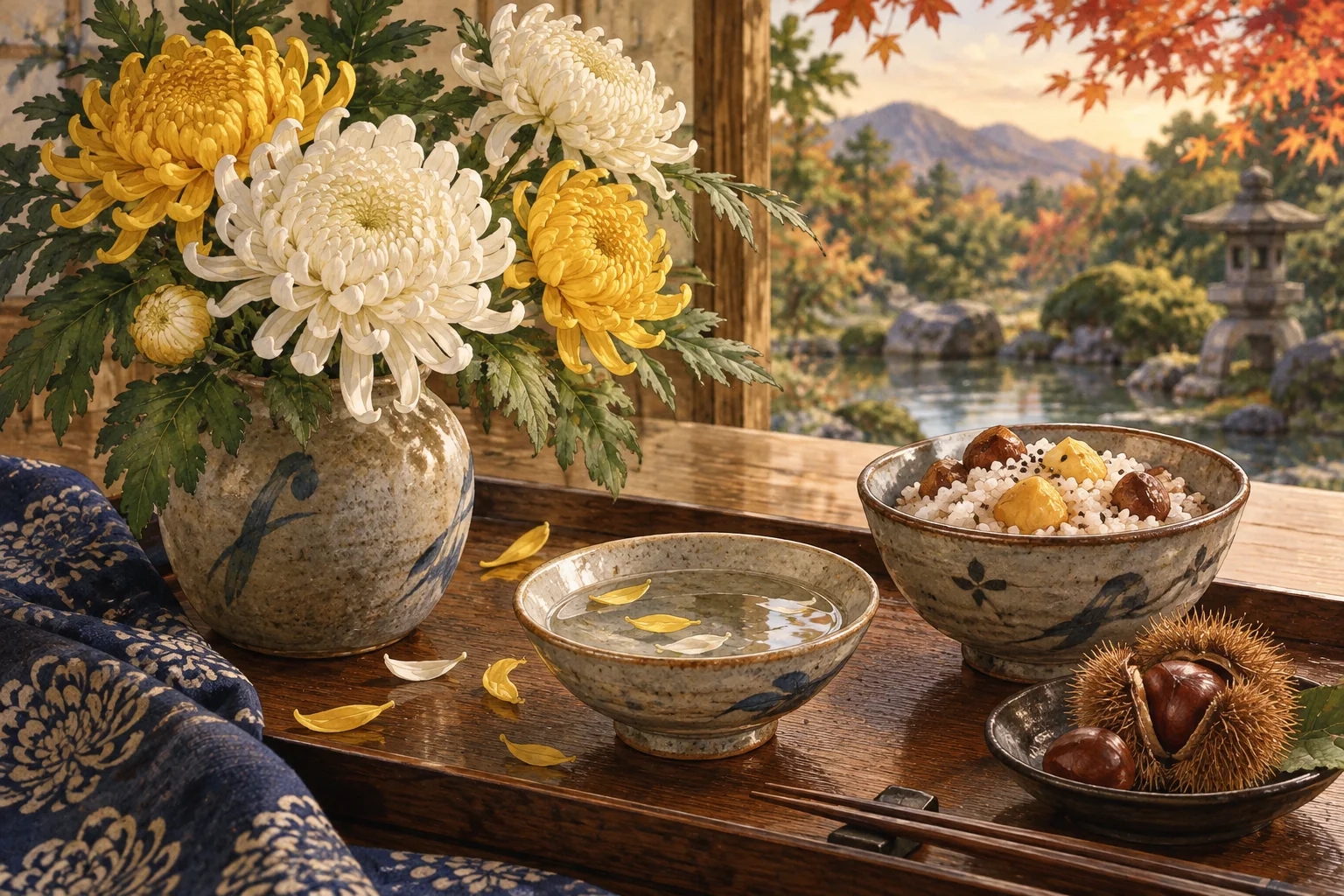 菊の花と、花びらを浮かべた盃、栗ご飯を並べた重陽の節句