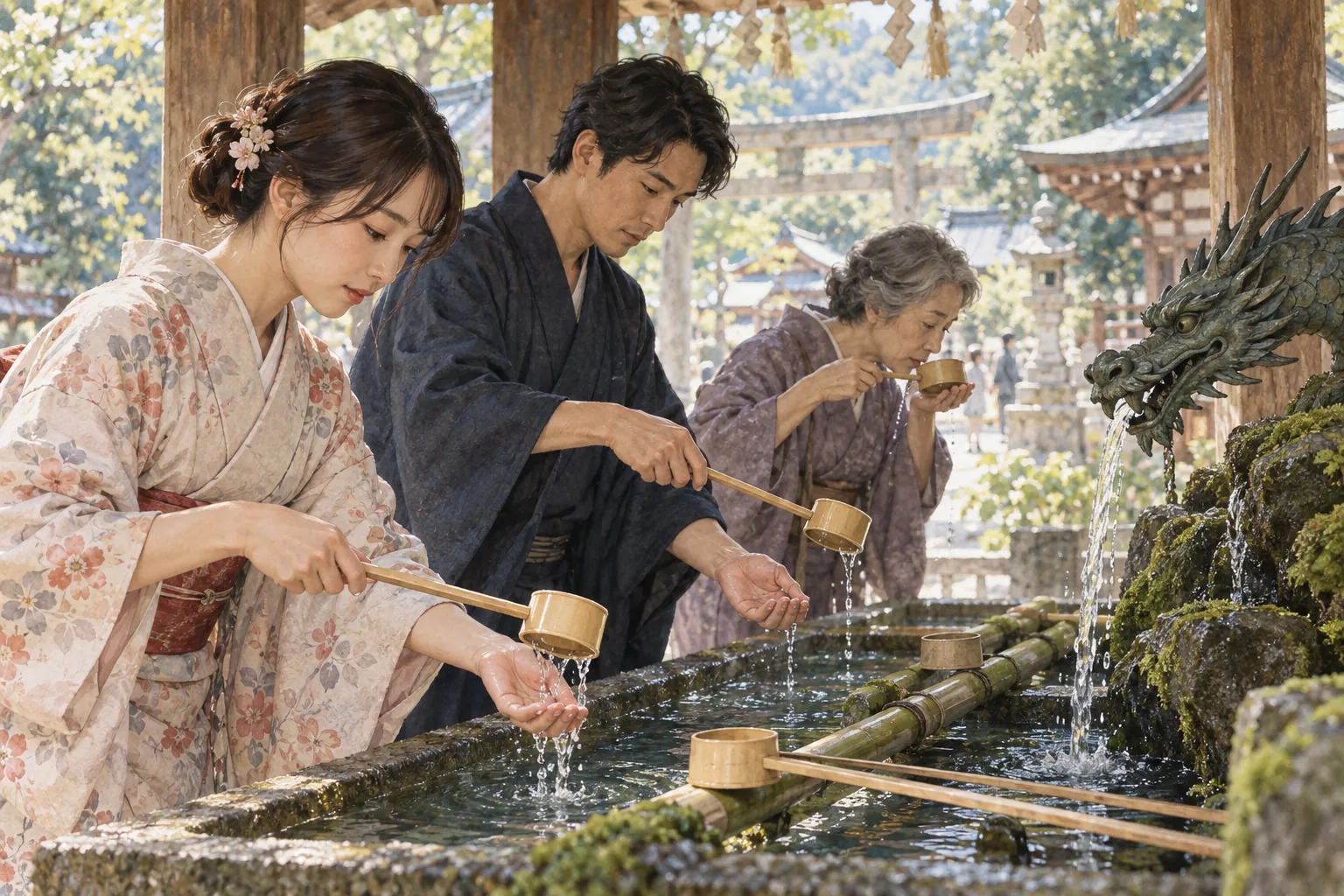 神社の手水舎で柄杓を使って手を清める参拝者
