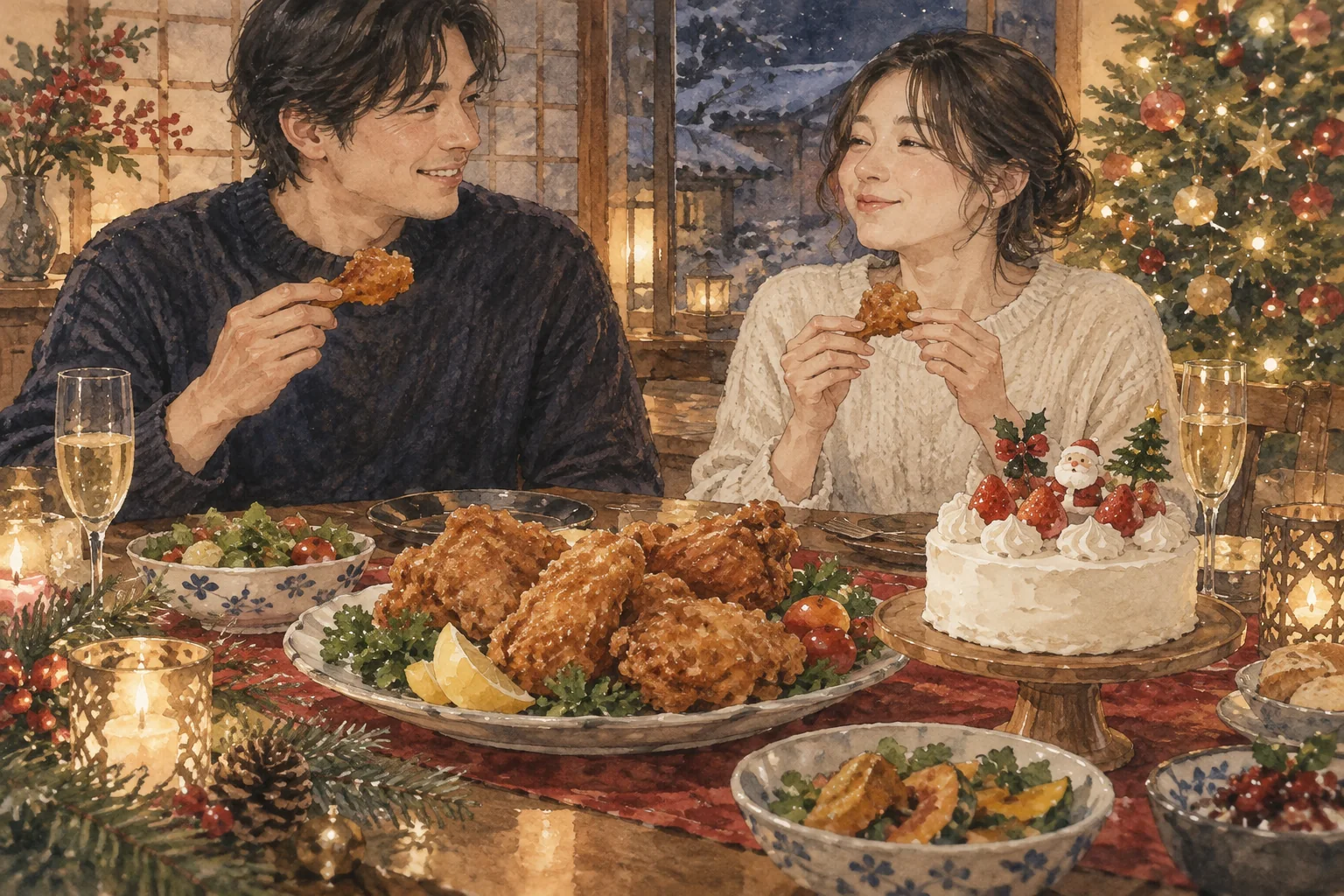 フライドチキンといちごのケーキを囲むクリスマス