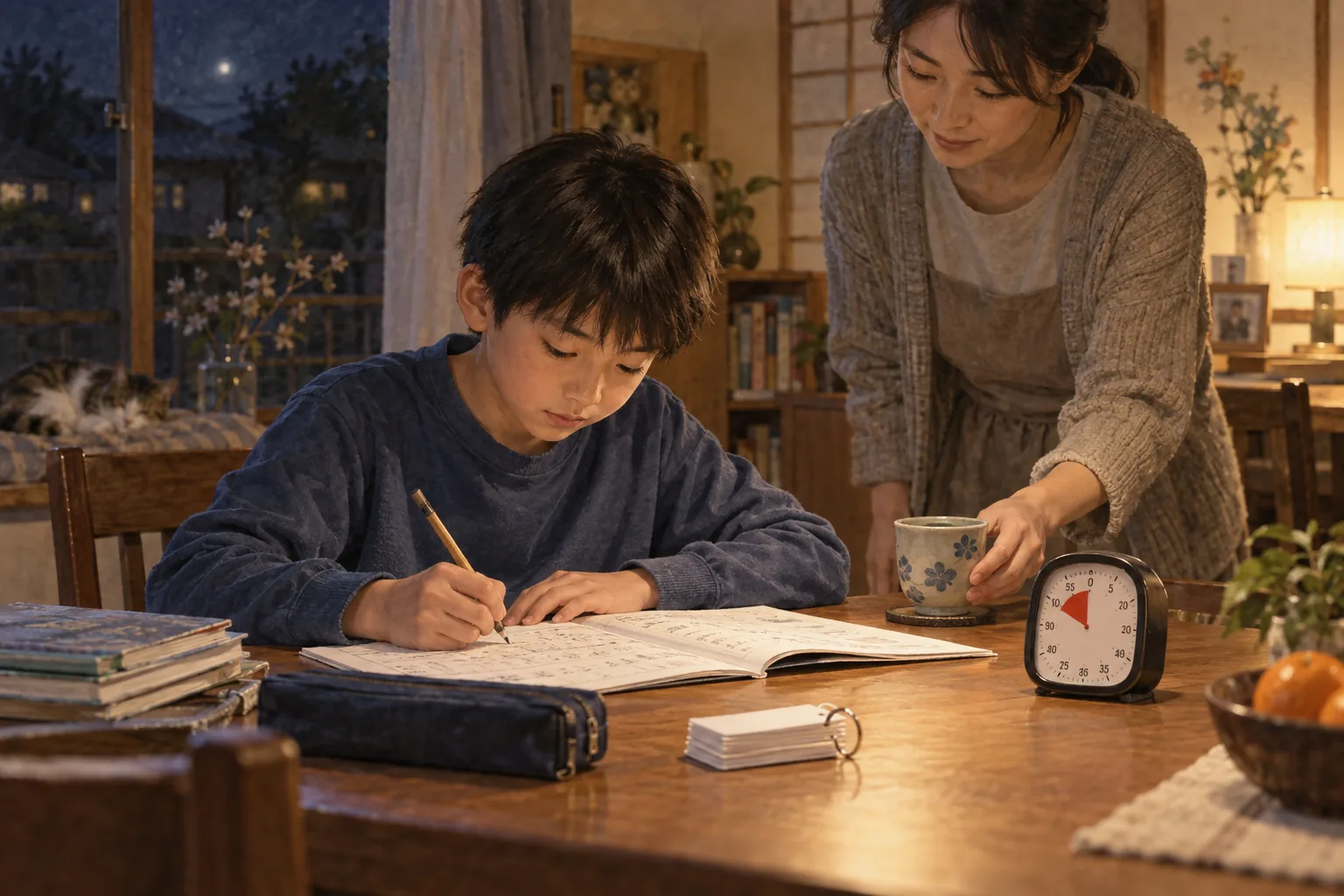 夜の食卓で中学受験の勉強をする子どもと見守る親