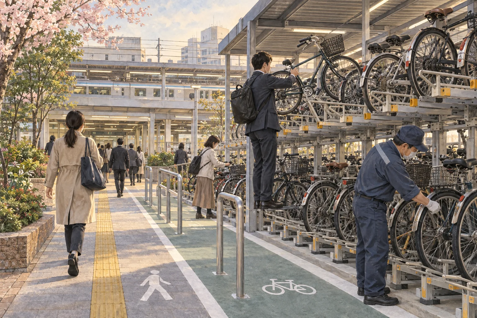駅前の駐輪場に自転車を整然と止める通勤客