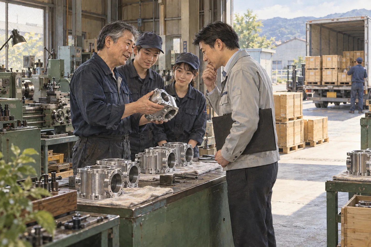 小さな精密工場で大企業の技術者に完成部品を渡す職人たち
