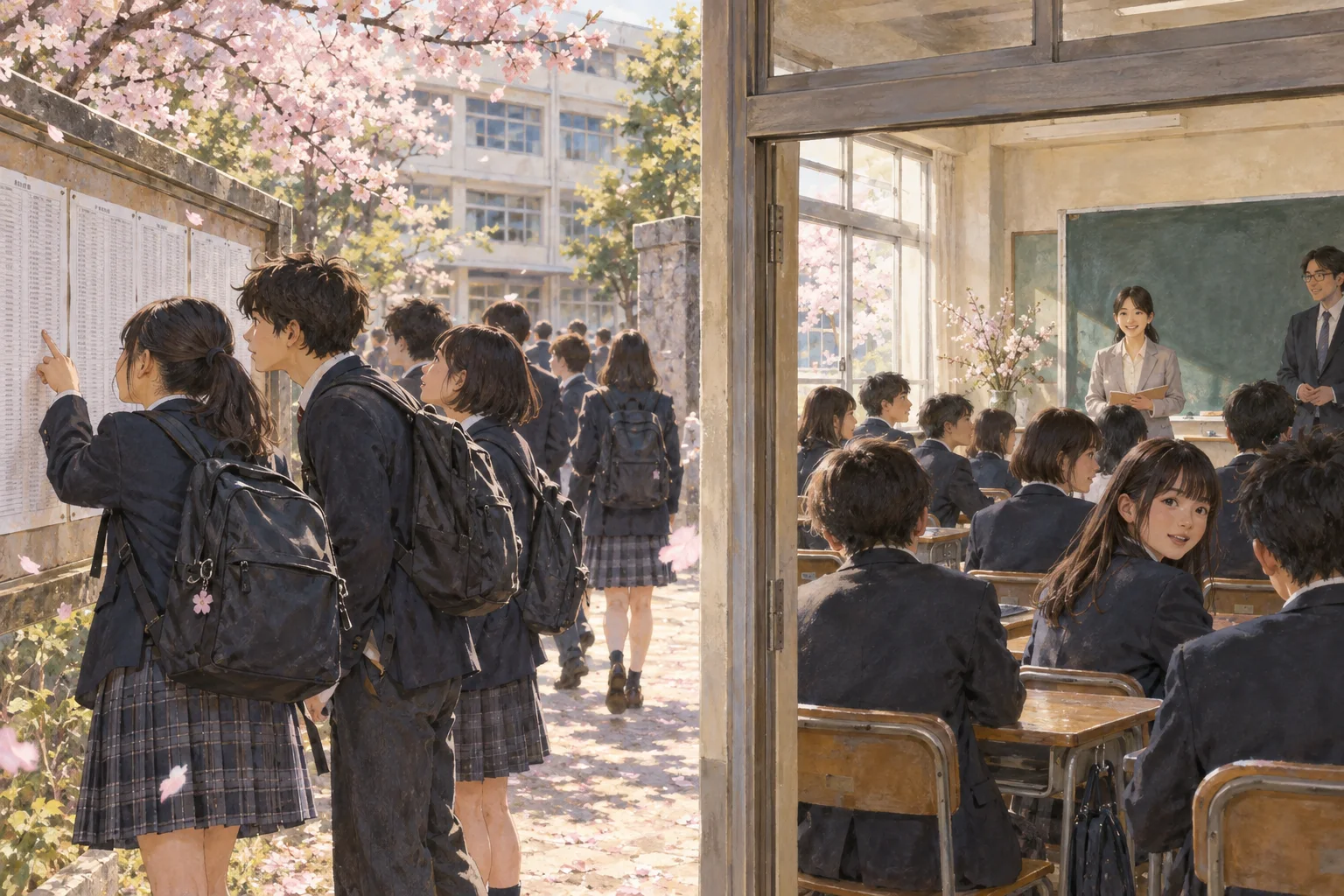 新学年のクラス替えで新しい教室に集まる生徒たち