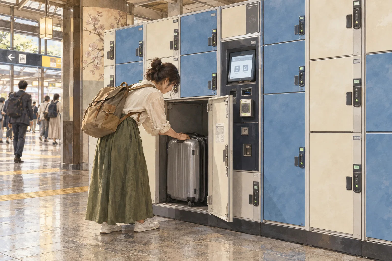 駅のコインロッカーにスーツケースを預ける旅行者
