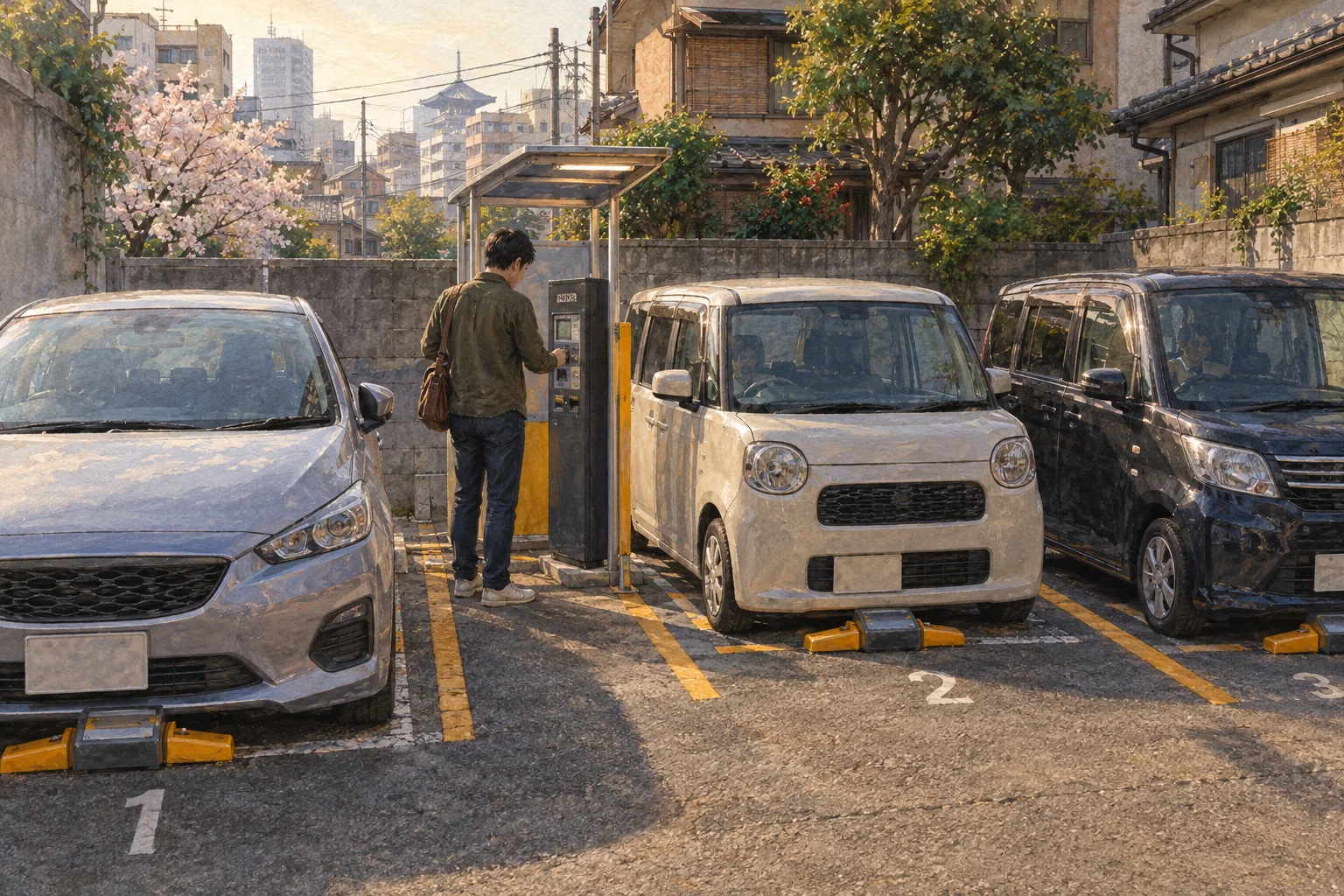 街中のコインパーキングで精算する運転者
