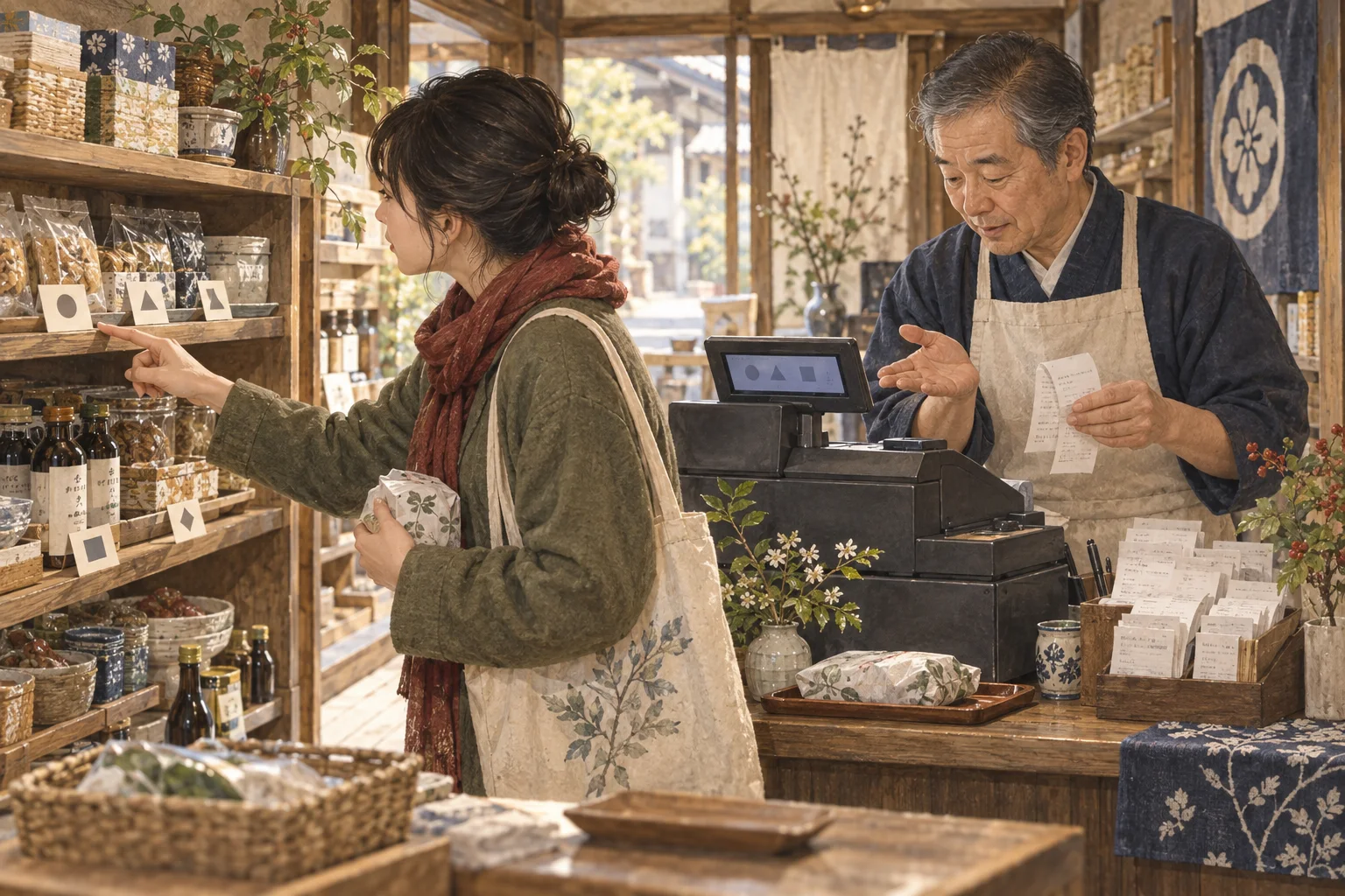 店頭価格と会計時の消費税を確認する客と店主