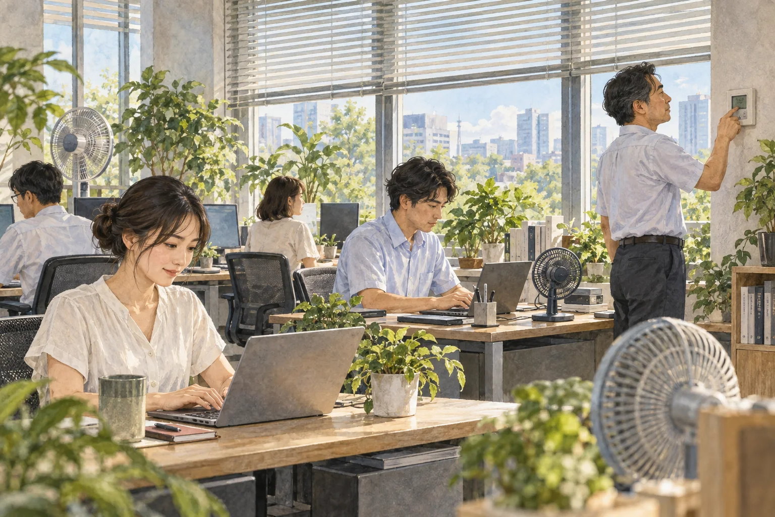 軽装と省エネの工夫で働く夏のオフィス