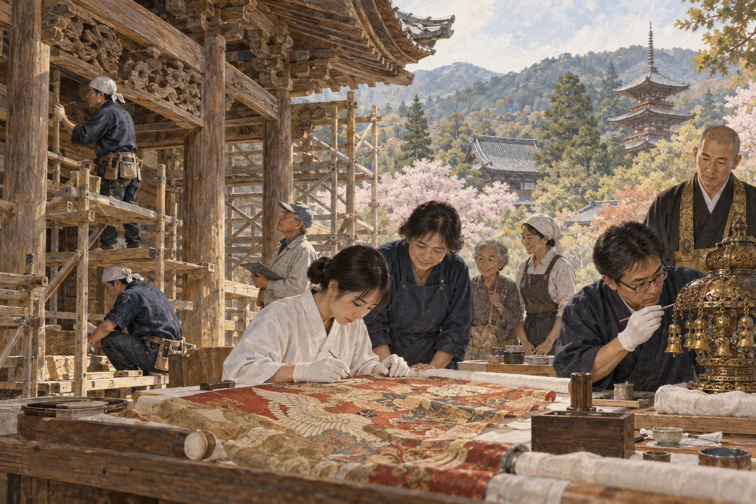 文化財を調査し修復する専門家と地域の人々
