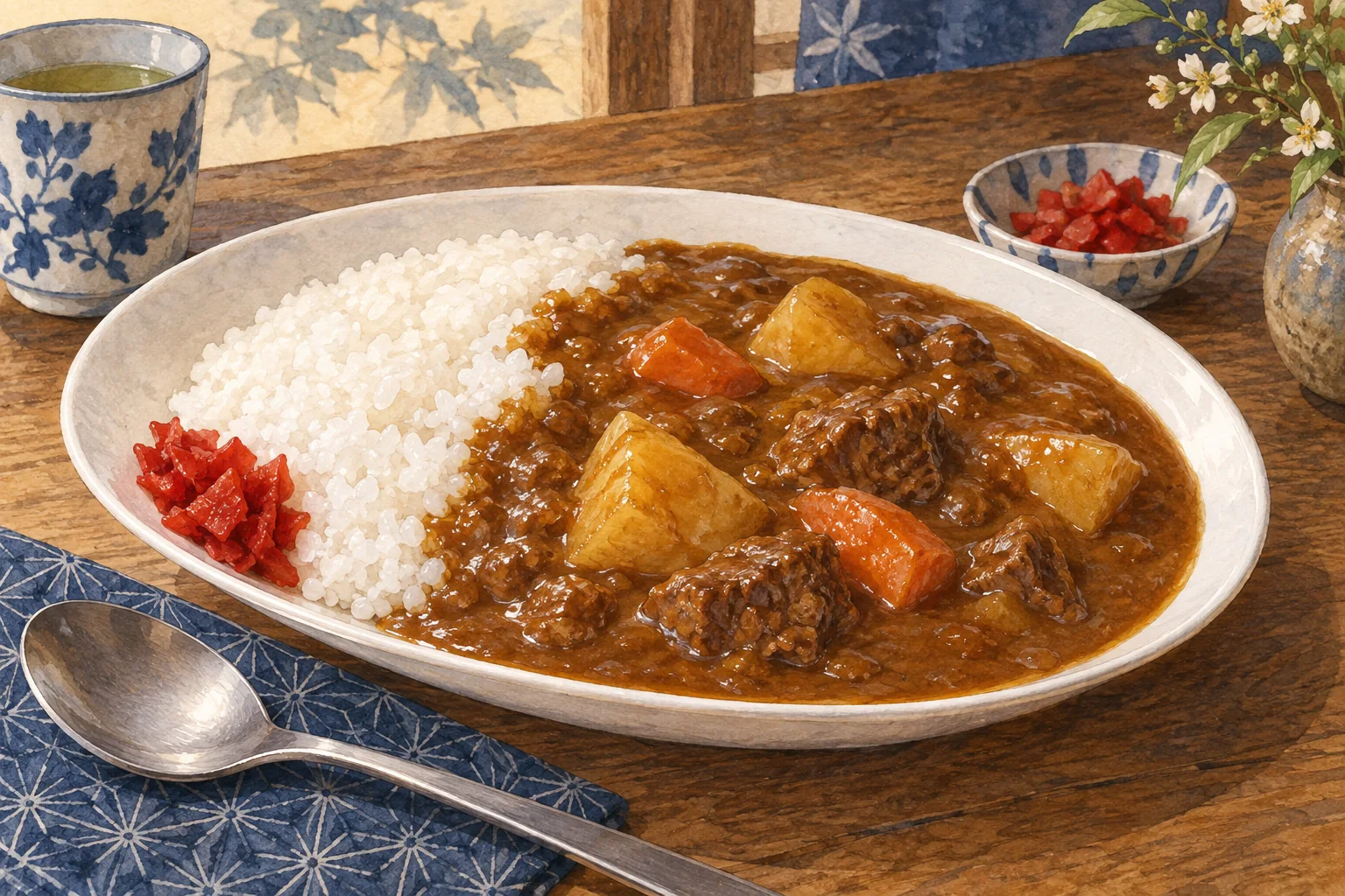 カレーと白いご飯、福神漬けを盛った一皿