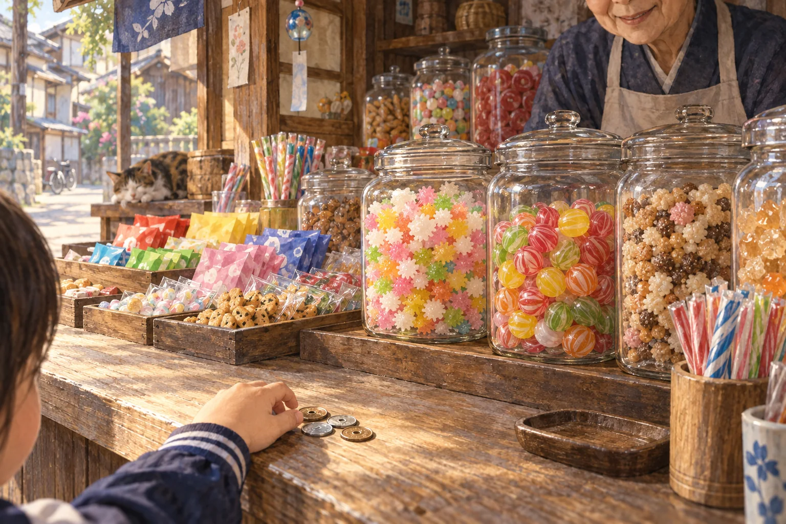 ガラス瓶と小さな袋の菓子が並ぶ懐かしい駄菓子屋
