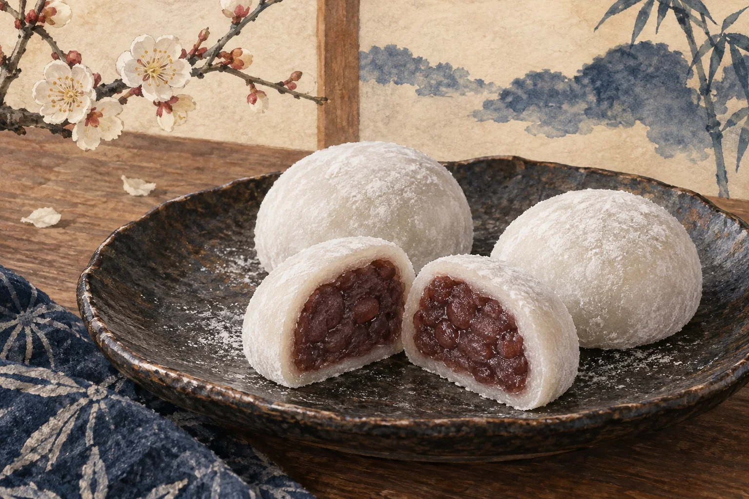 白い餅で餡を包んだ大福と、断面が見える半切り