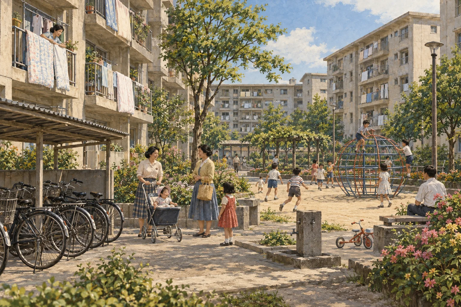 Families sharing daily life in a postwar Japanese danchi housing complex.