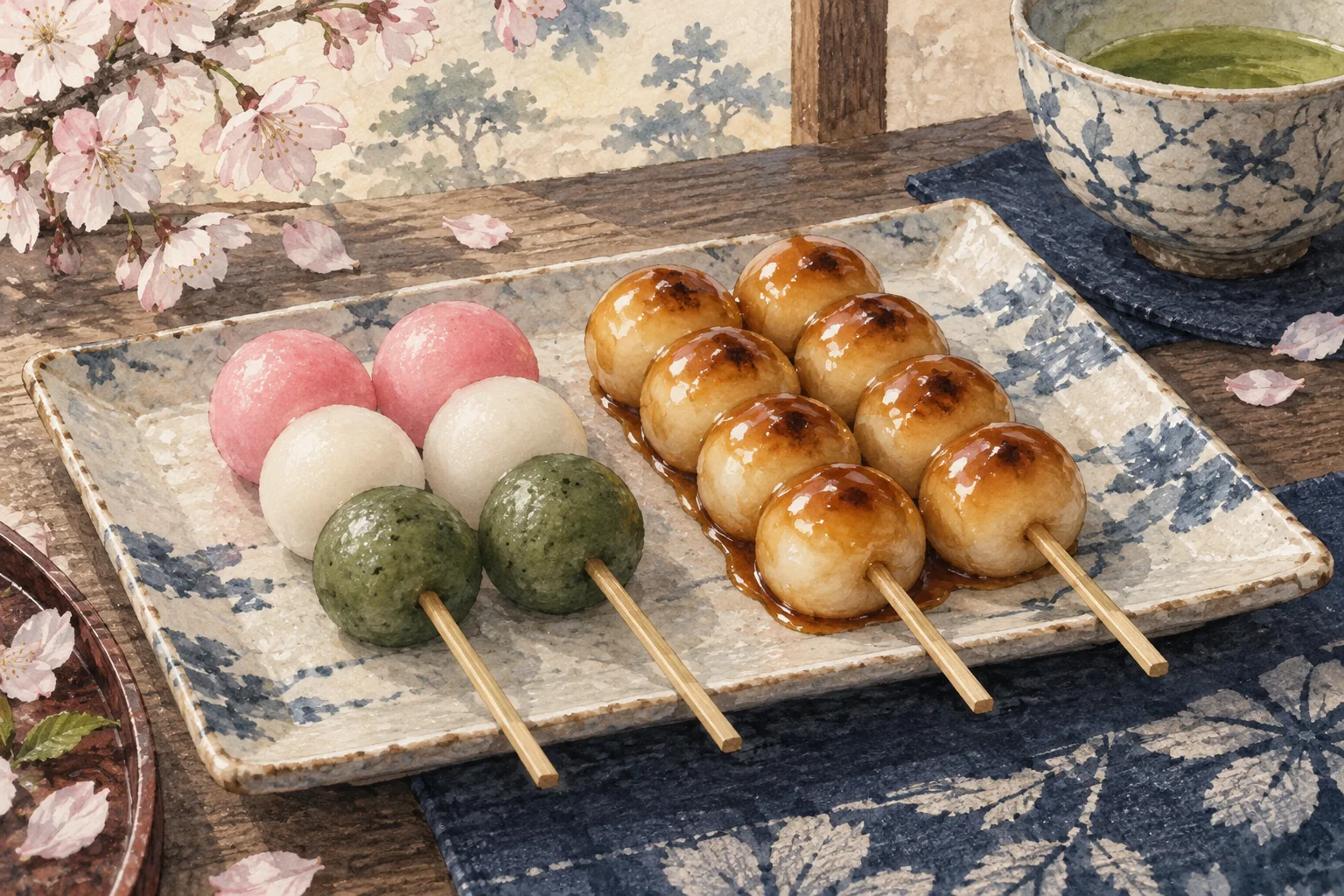 三色団子と、つやのあるたれをかけたみたらし団子