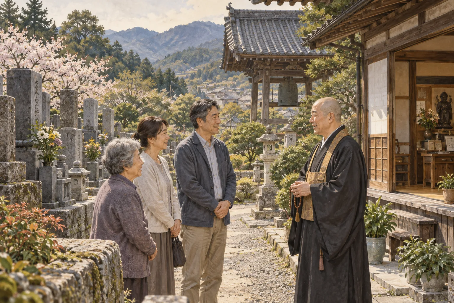 菩提寺で僧侶と話す檀家の家族