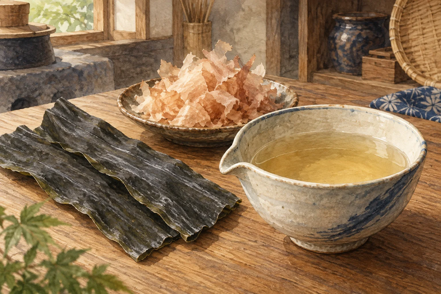 澄んだ出汁と、昆布、削り節を並べた台所の静物