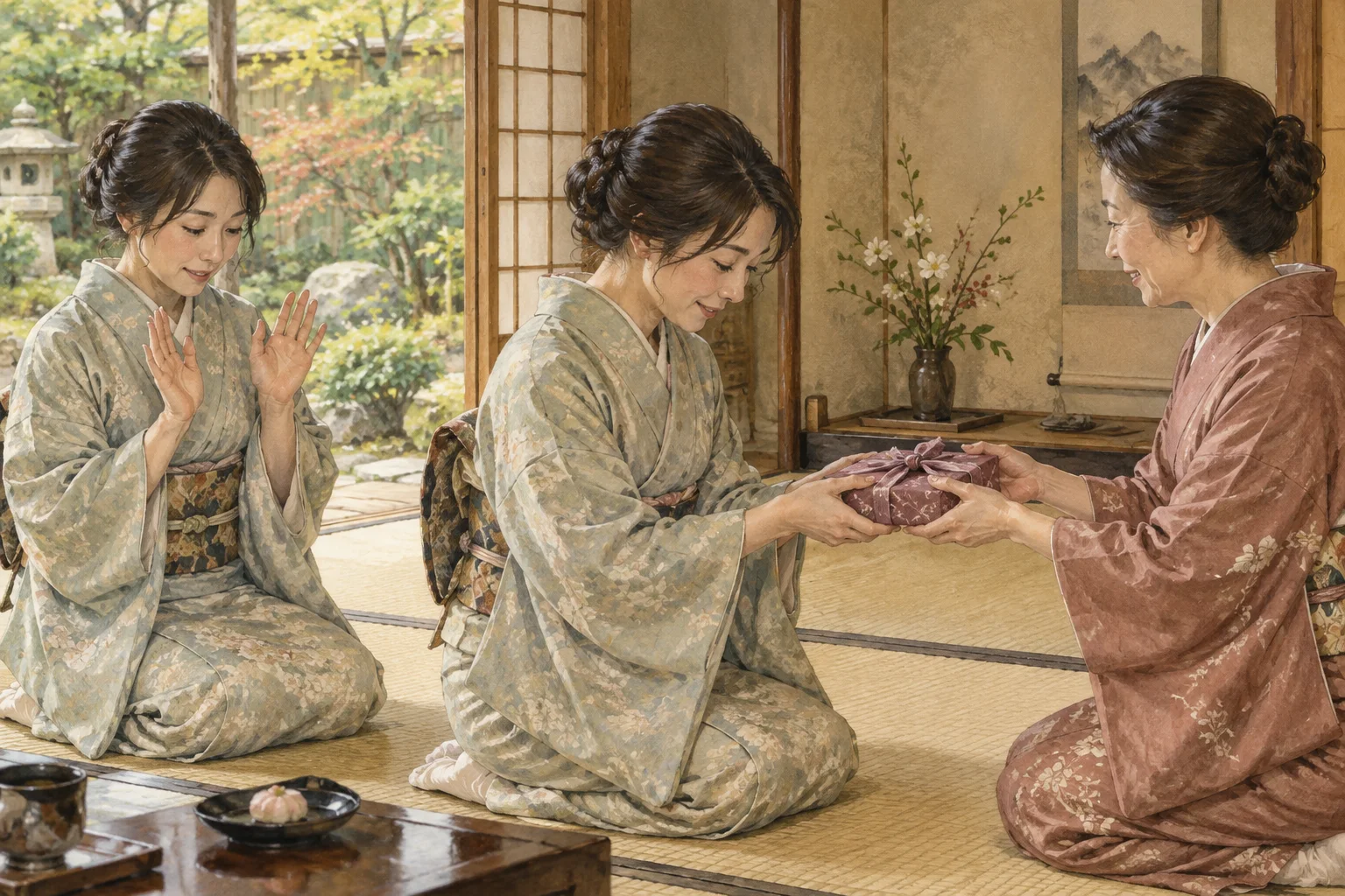 贈り物を一度遠慮してから両手で受け取る訪問客