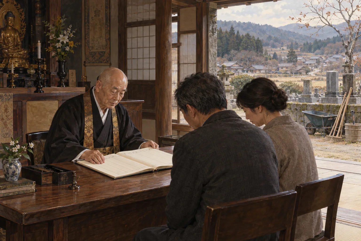 寺との檀家関係について話し合う家族