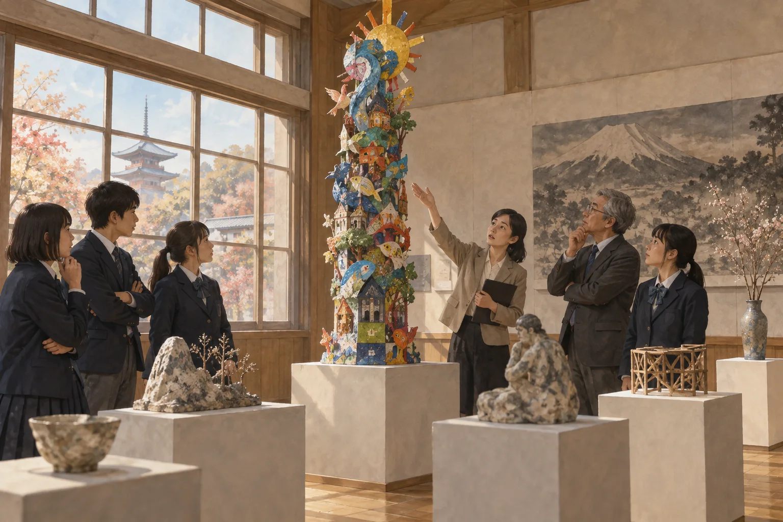 周囲から目立つ作品をめぐって話し合う学校の展示