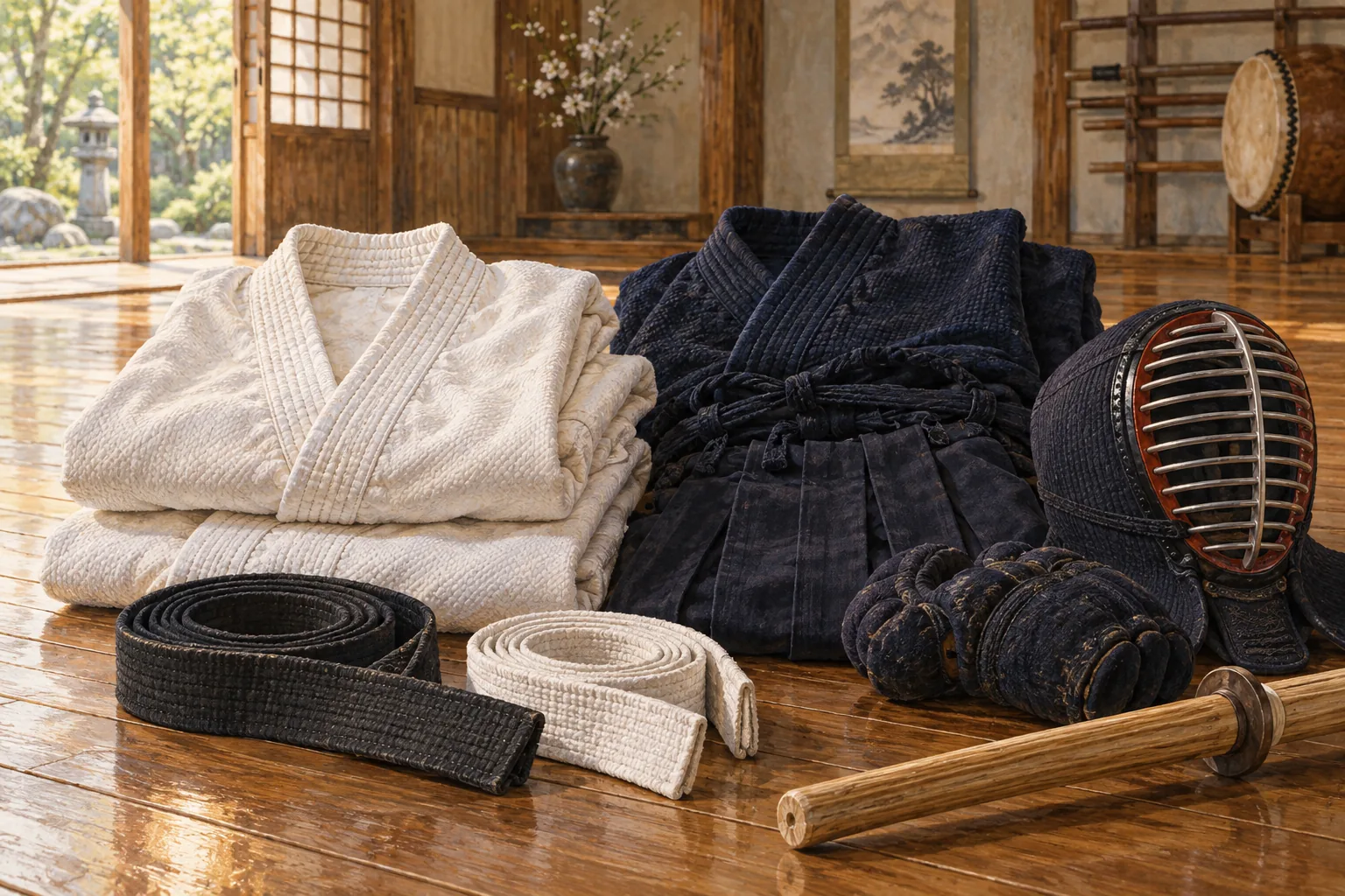 道場に整えて置かれた各種の道着と帯