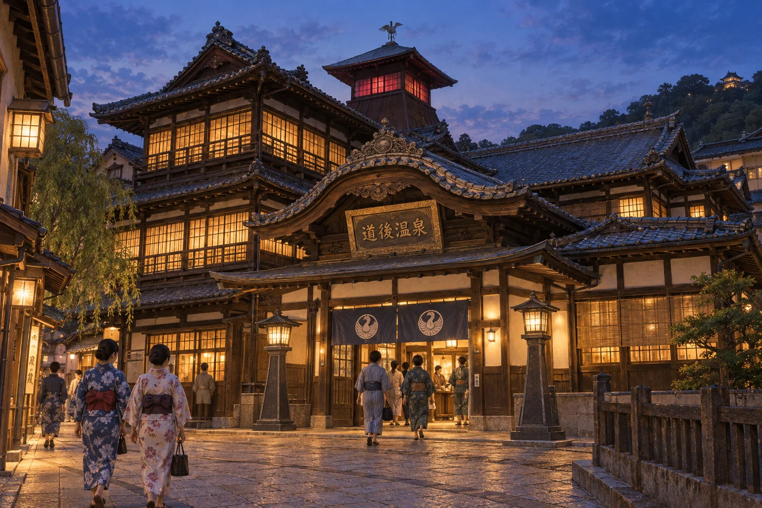 夕暮れの道後温泉本館へ向かう浴衣姿の人々