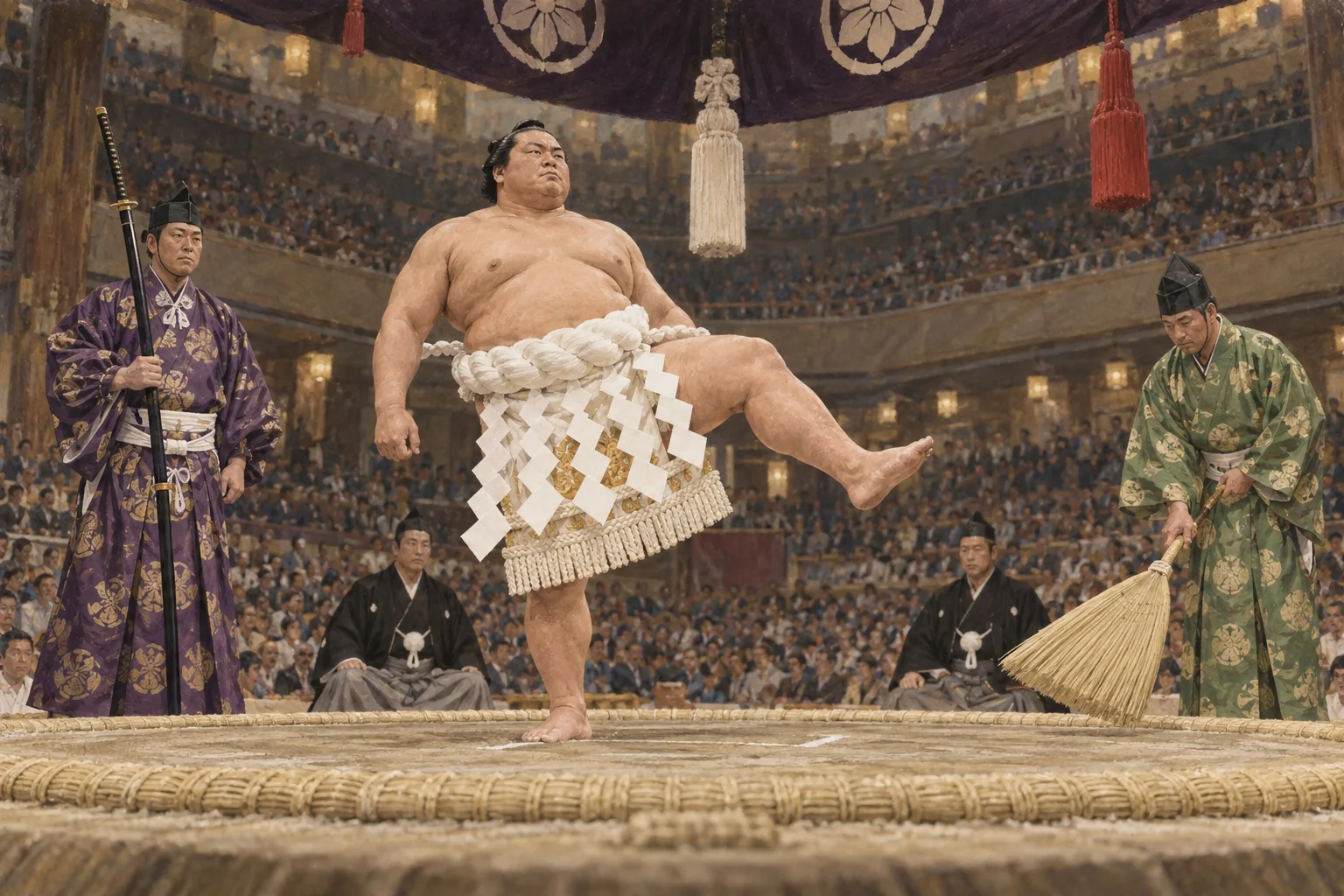 土俵中央で横綱土俵入りを披露する力士