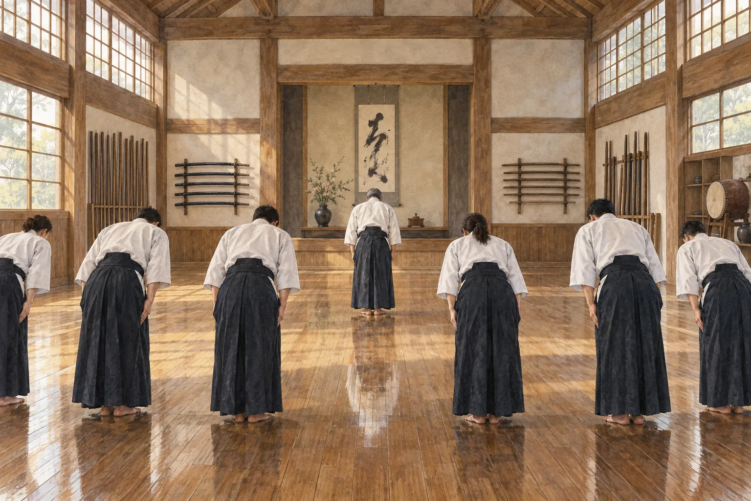 稽古前に正面へ礼をする武道場の門下生
