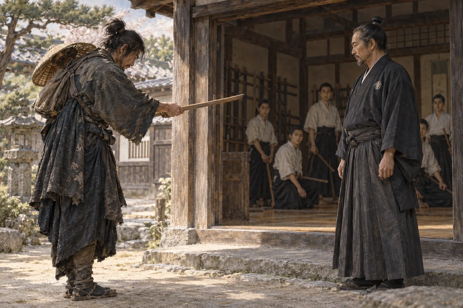 江戸時代の道場で正式に勝負を申し込む武芸者
