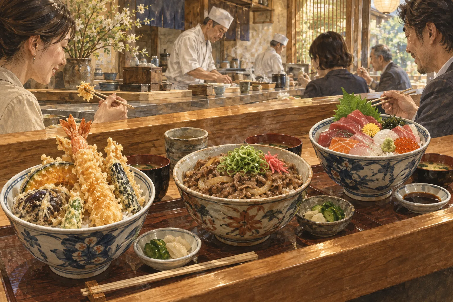 食堂のカウンターに並ぶさまざまな丼もの