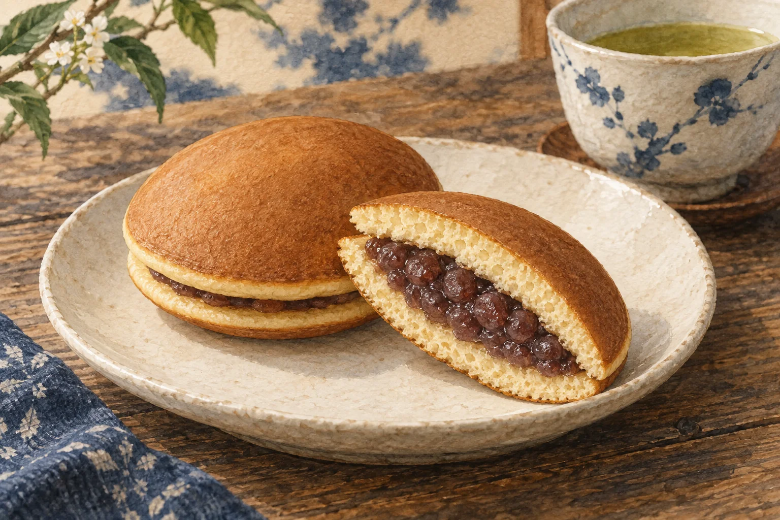ふんわりした皮で粒あんを挟んだどら焼きと、断面が見える半分のどら焼き