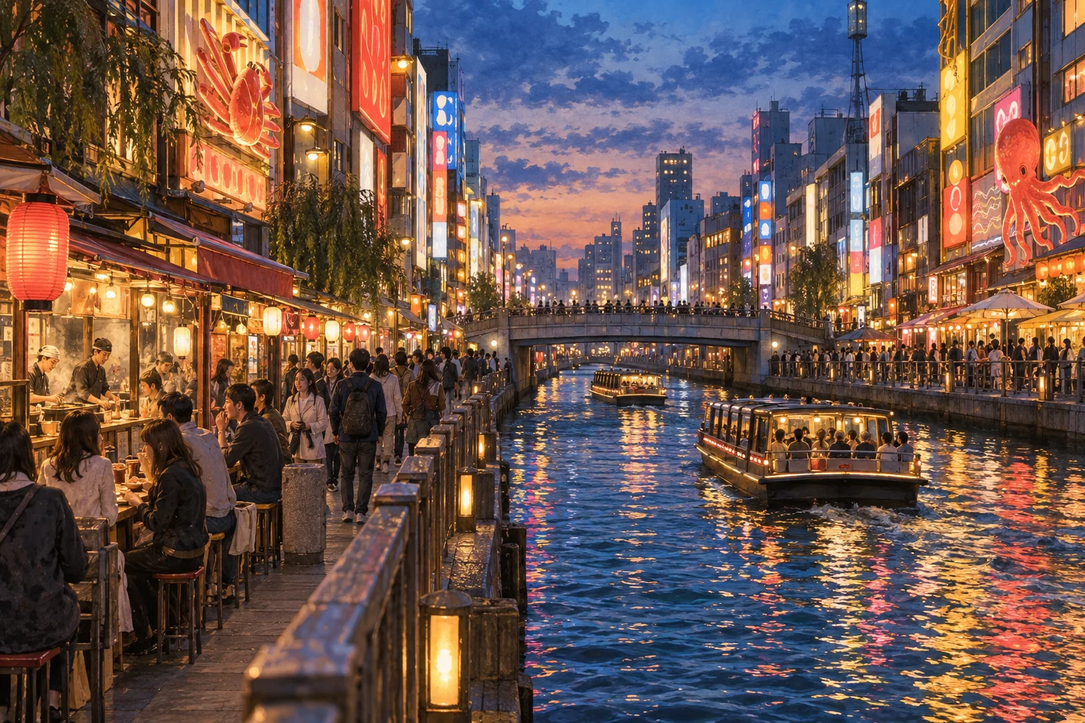 夕暮れの道頓堀で運河沿いを楽しむ人々と遊覧船