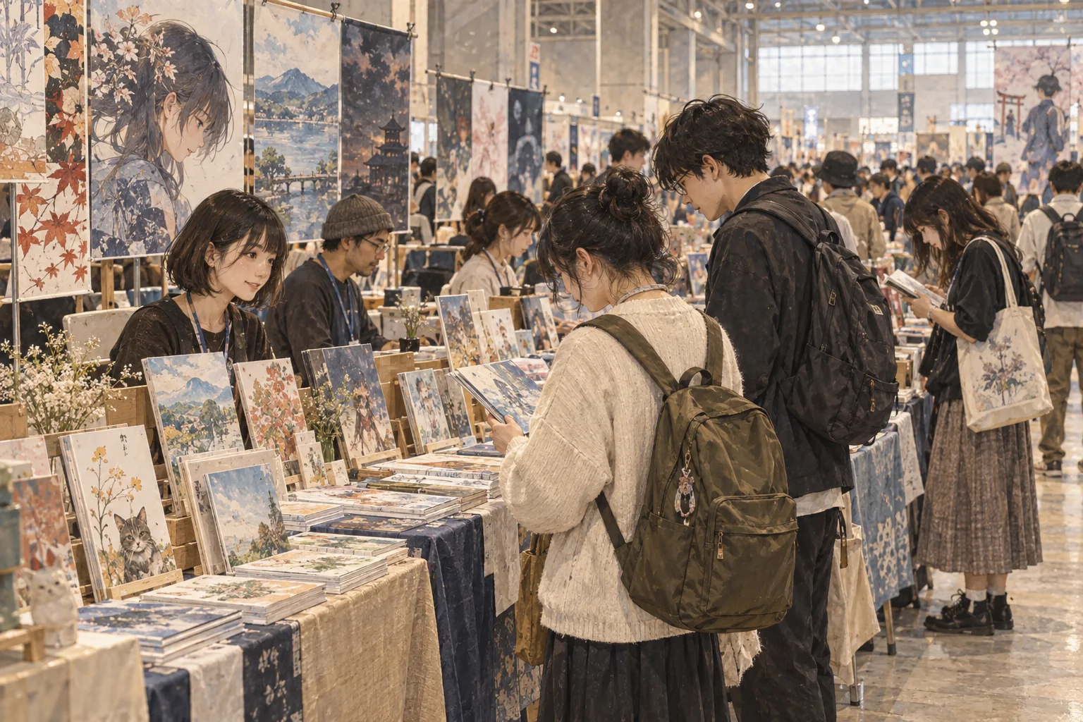 同人誌即売会で自主制作本を頒布する創作者たち