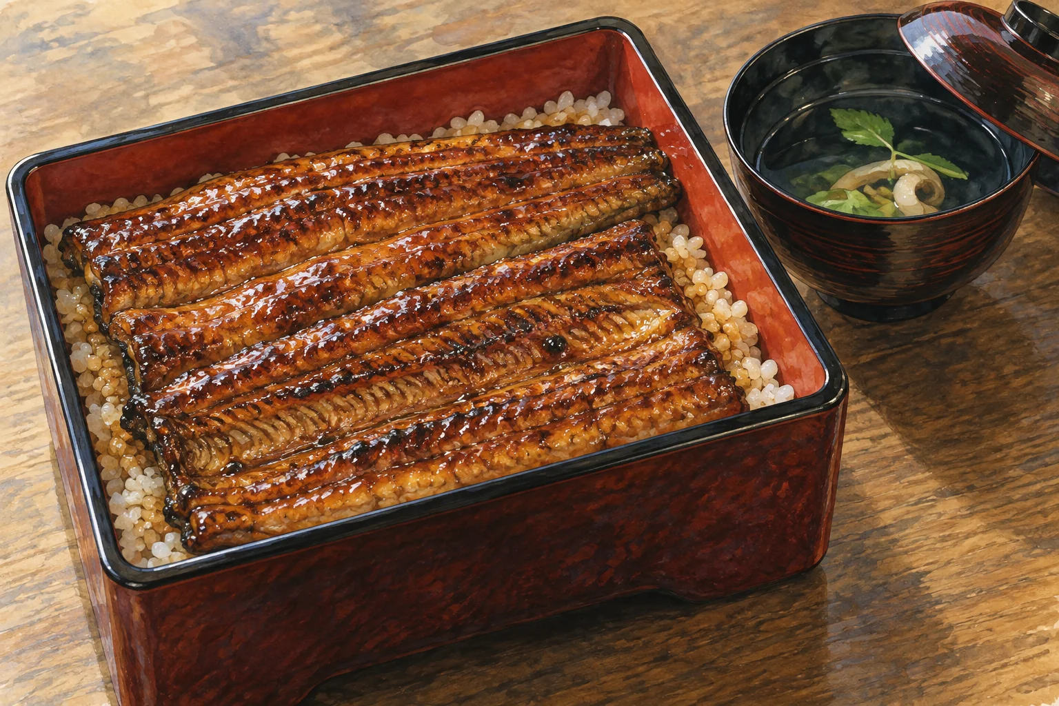 漆の重箱に盛り付けた、香ばしいうなぎの蒲焼きとご飯
