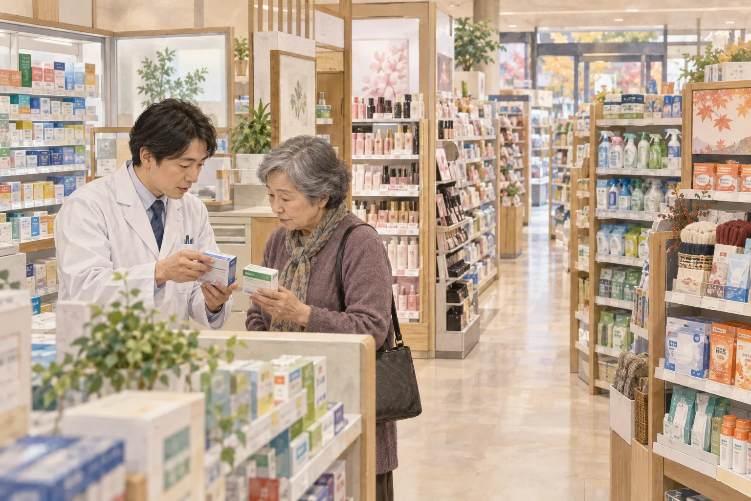 薬剤師に相談しながら商品を選ぶドラッグストアの客