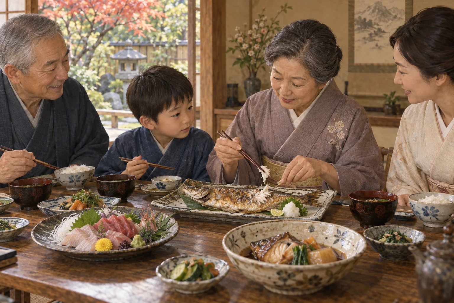 魚料理を囲み骨の取り方を教わる家族