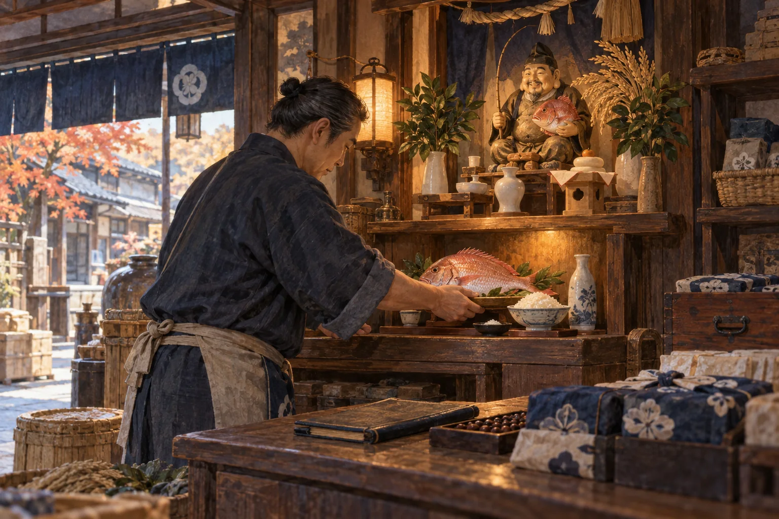 商家で恵比寿像に鯛と米を供えるえびす講