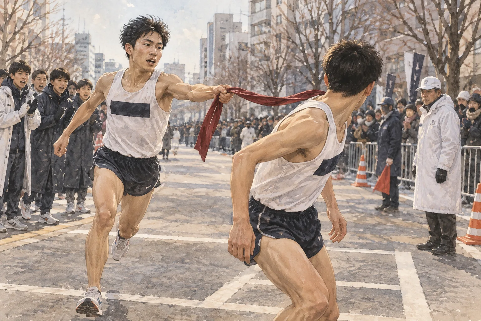 中継所でたすきを渡す駅伝の走者