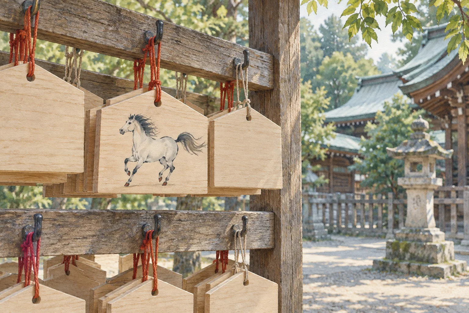 神社の木製の棚に、紐で結んだ小さな五角形の絵馬が並ぶ風景